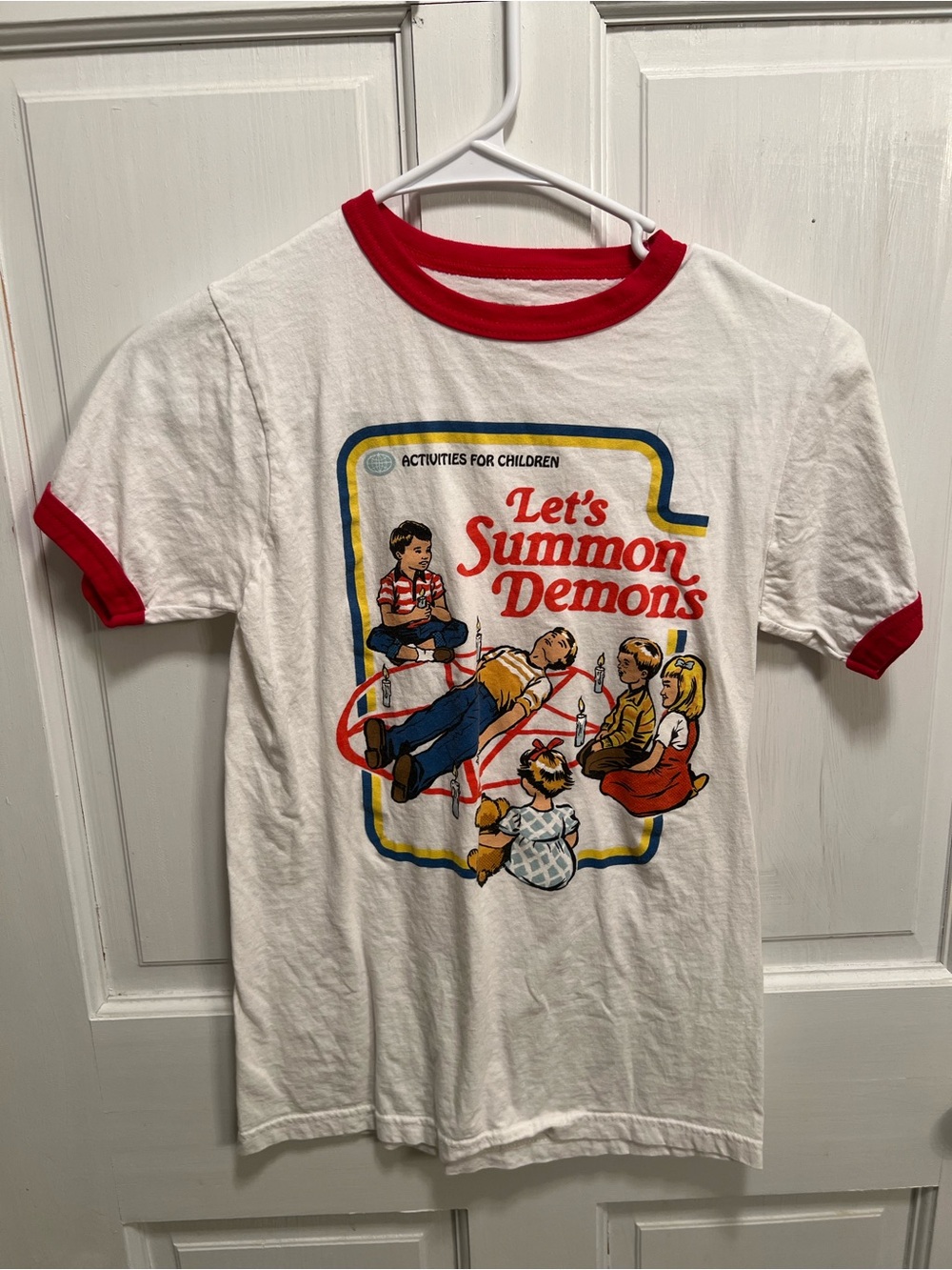 Black Matter White Ringer Tee with Red Trim and Multi-Color Graphic